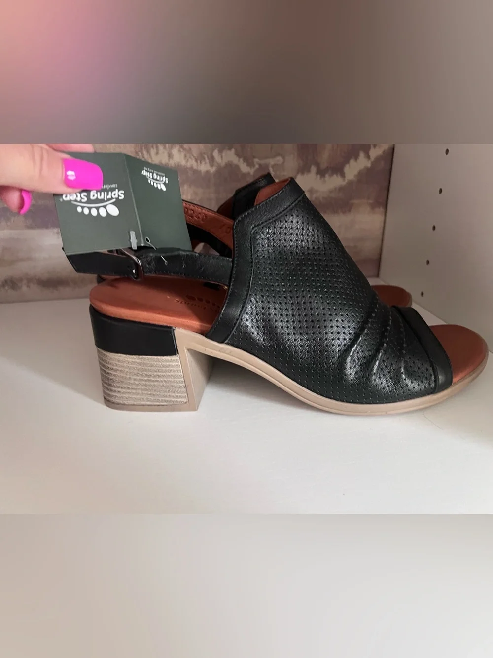 Spring Step Black Perforated Slingback Block Heel Sandal 9